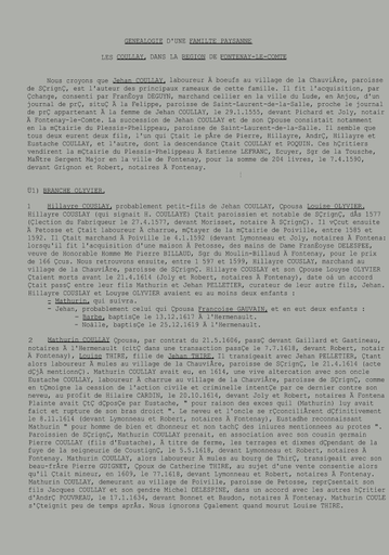 Généalogie d'une famille paysanne, les Coullay, dans la région de Fontenay-le-Comte, XVIIe-XIXe s. , 14 p. , dact. (copie).